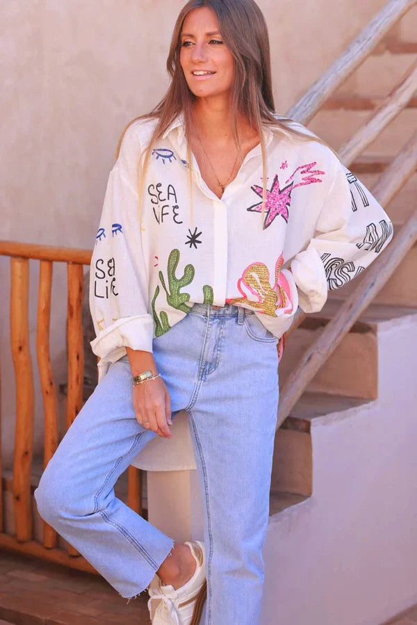 Cream Sea Life Abstract Button-Down Blouse