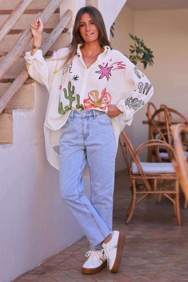 Cream Sea Life Abstract Button-Down Blouse