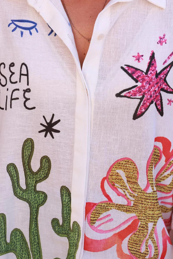 Cream Sea Life Abstract Button-Down Blouse