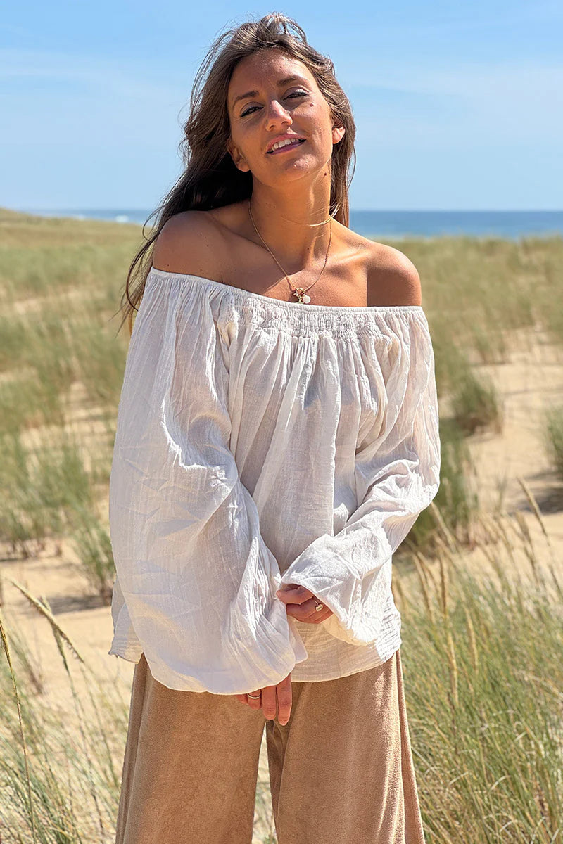Cream Shirred Cotton Peasant Blouse
