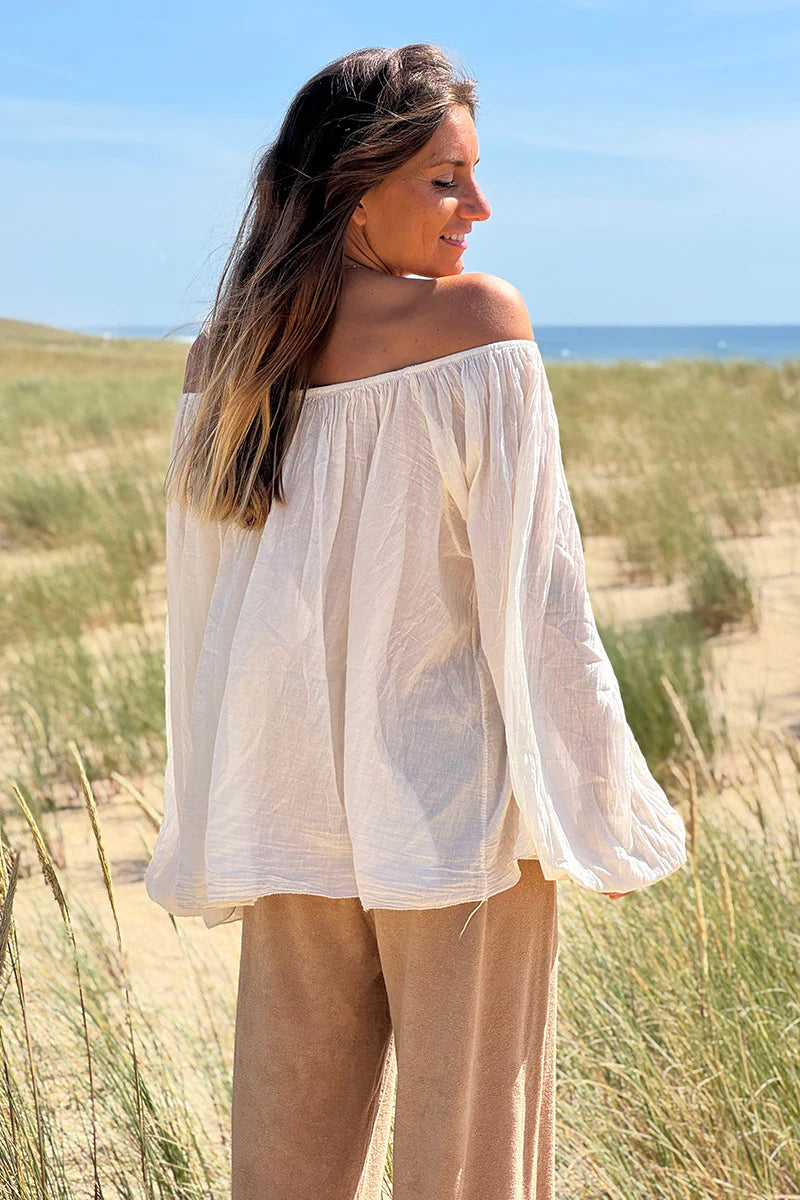 Cream Shirred Cotton Peasant Blouse