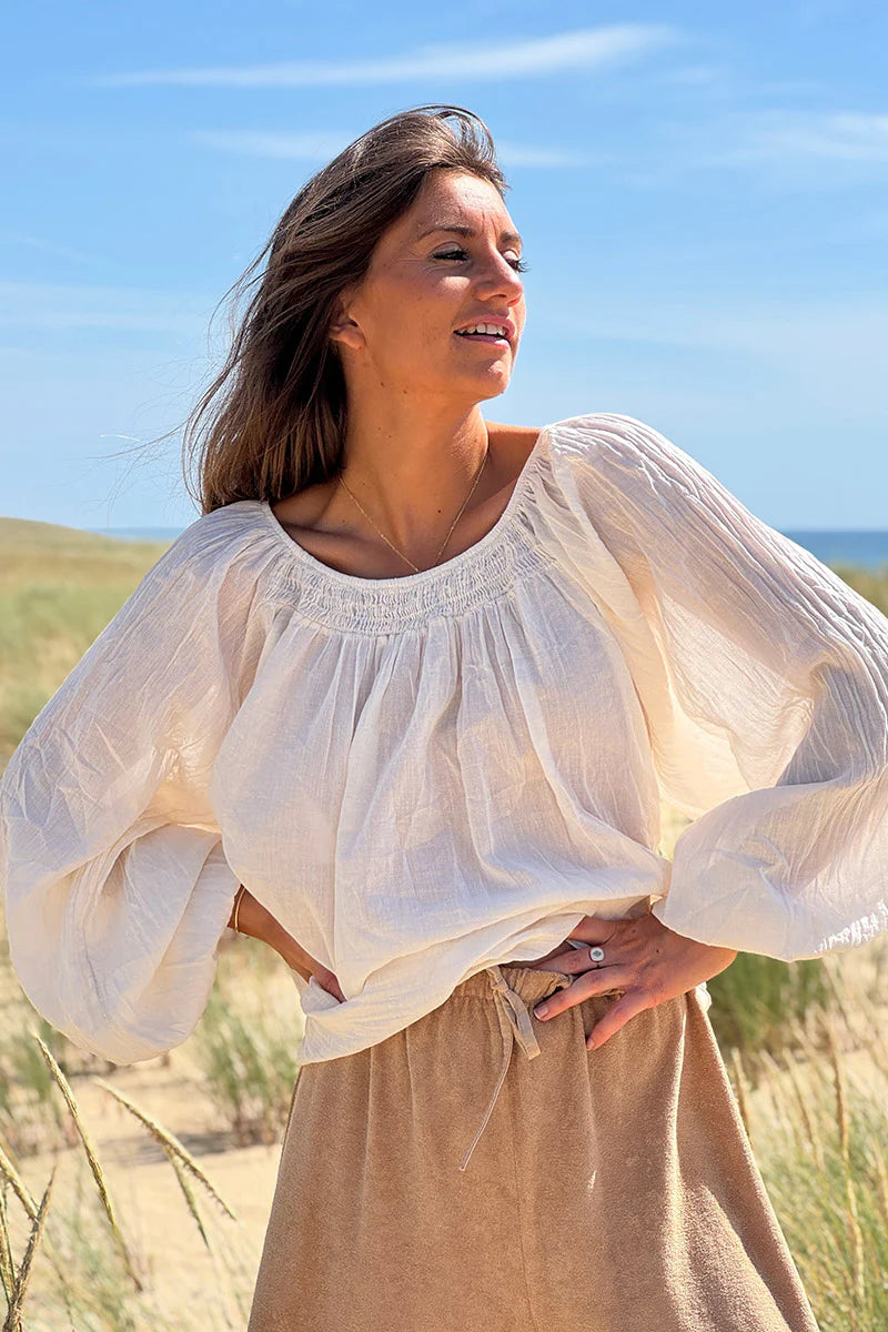 Cream Shirred Cotton Peasant Blouse