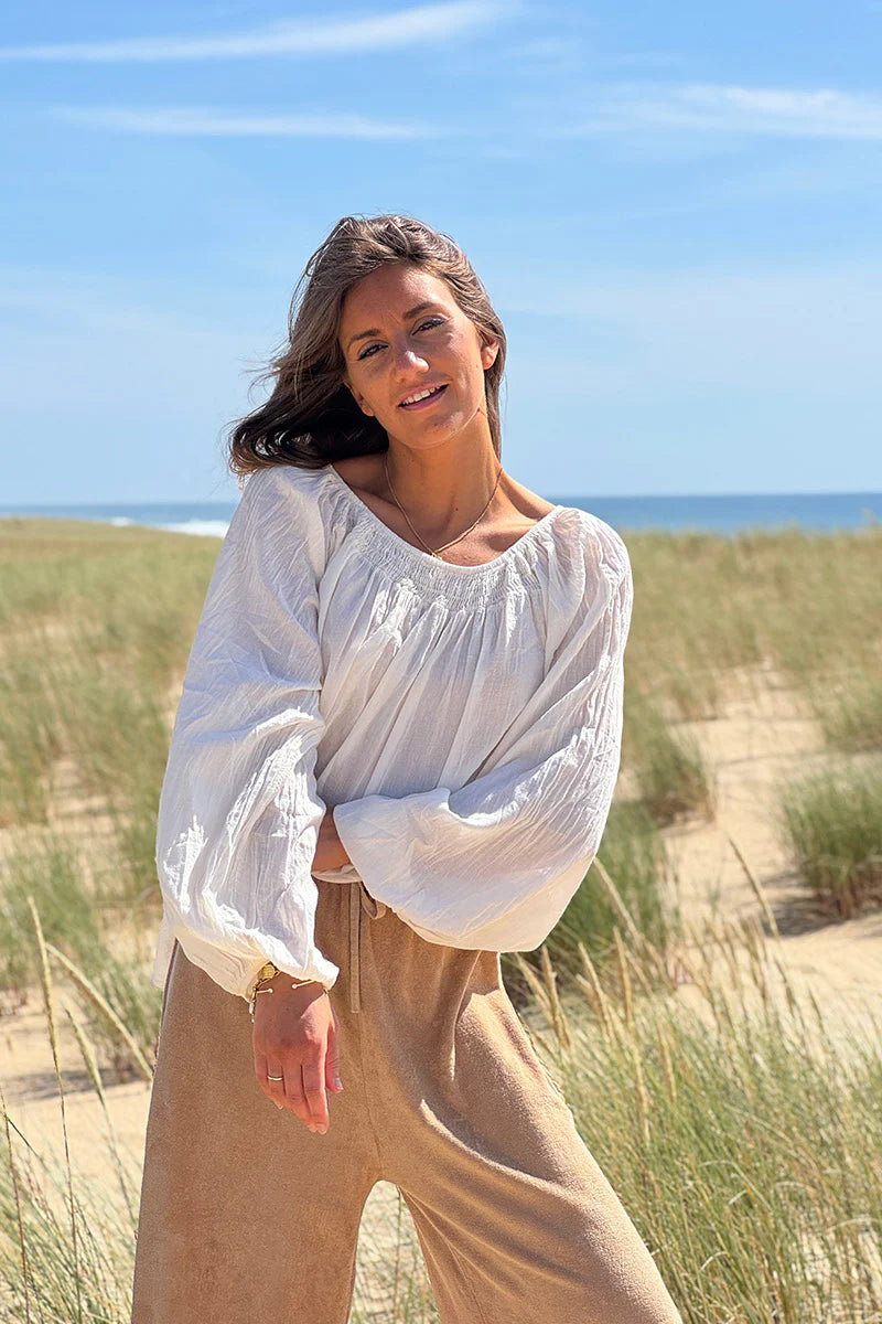 Cream Shirred Cotton Peasant Blouse