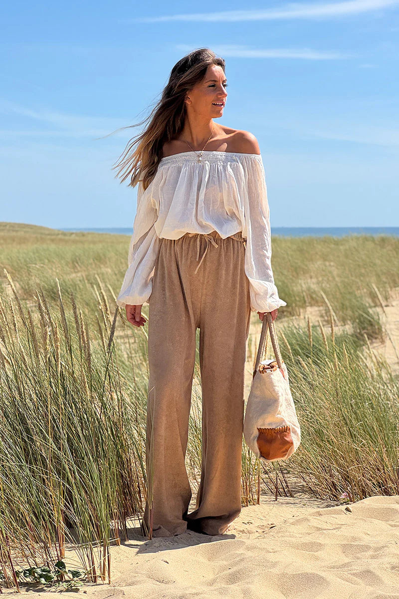 Cream Shirred Cotton Peasant Blouse