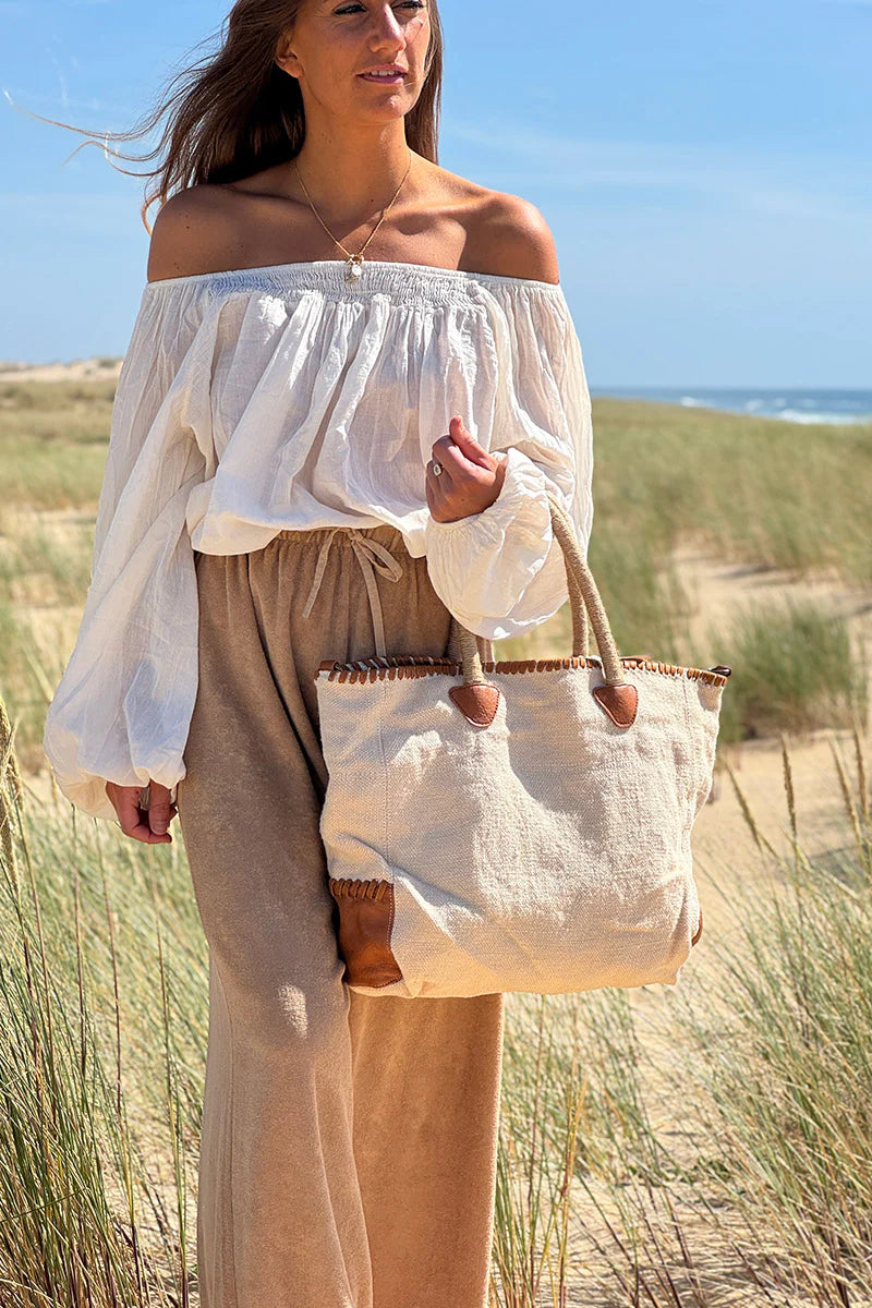 Cream Shirred Cotton Peasant Blouse