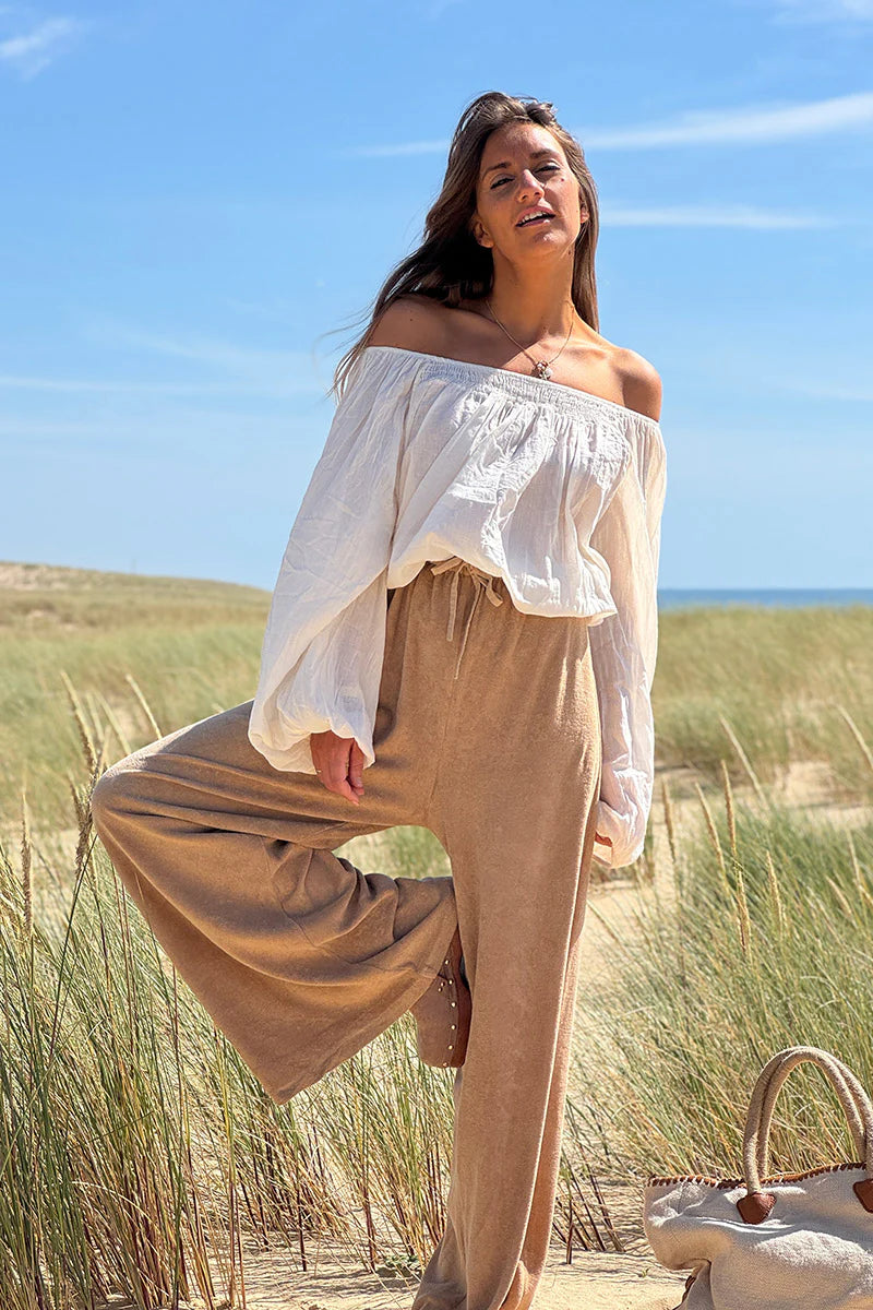 Cream Shirred Cotton Peasant Blouse