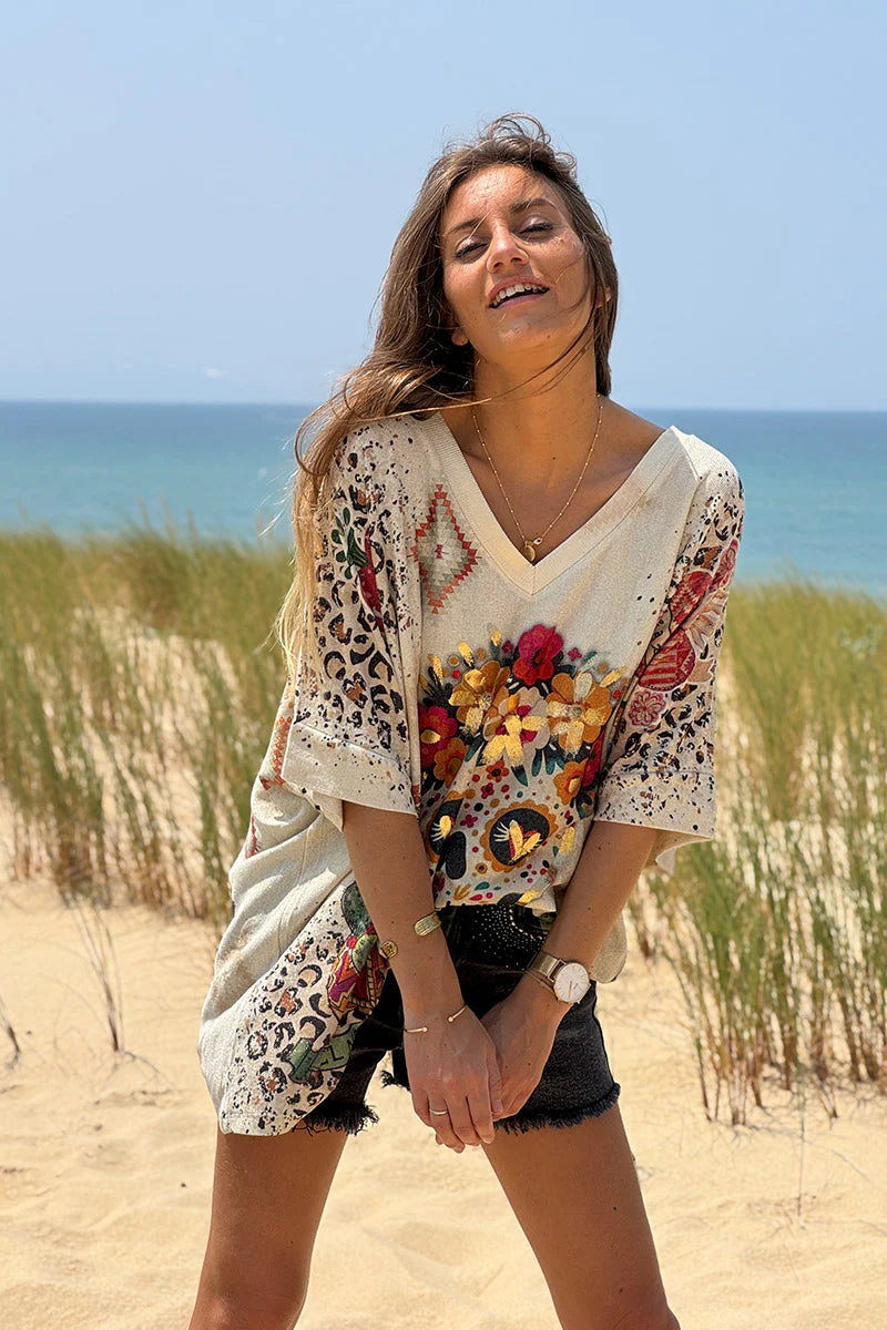 Cream Southwest Skull Glitter Knit Top