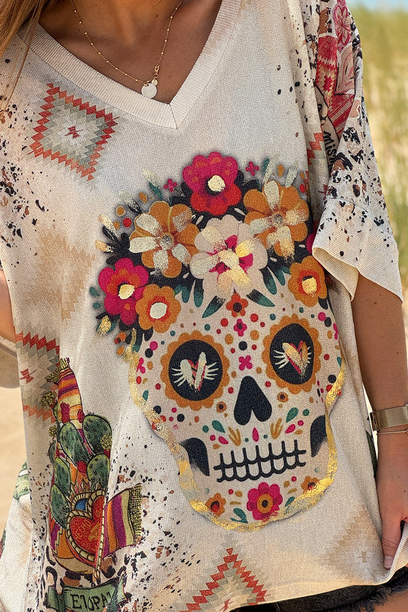 Cream Southwest Skull Glitter Knit Top