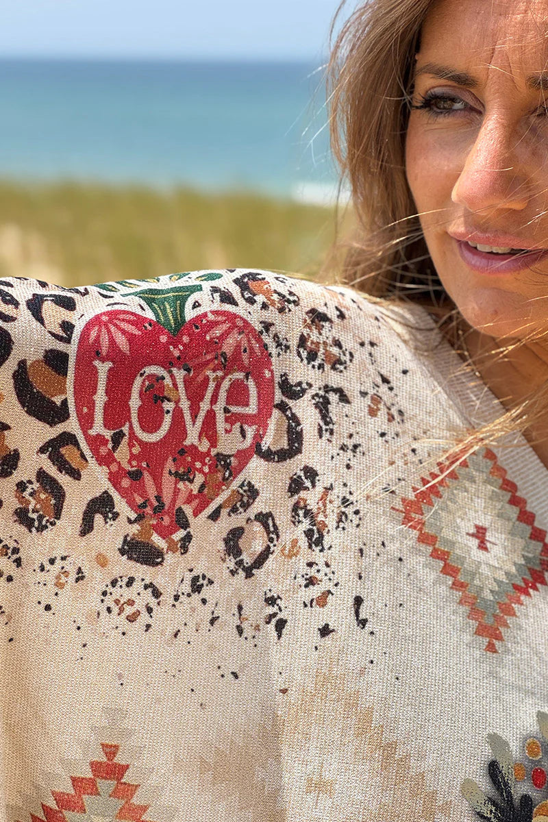 Cream Southwest Skull Glitter Knit Top