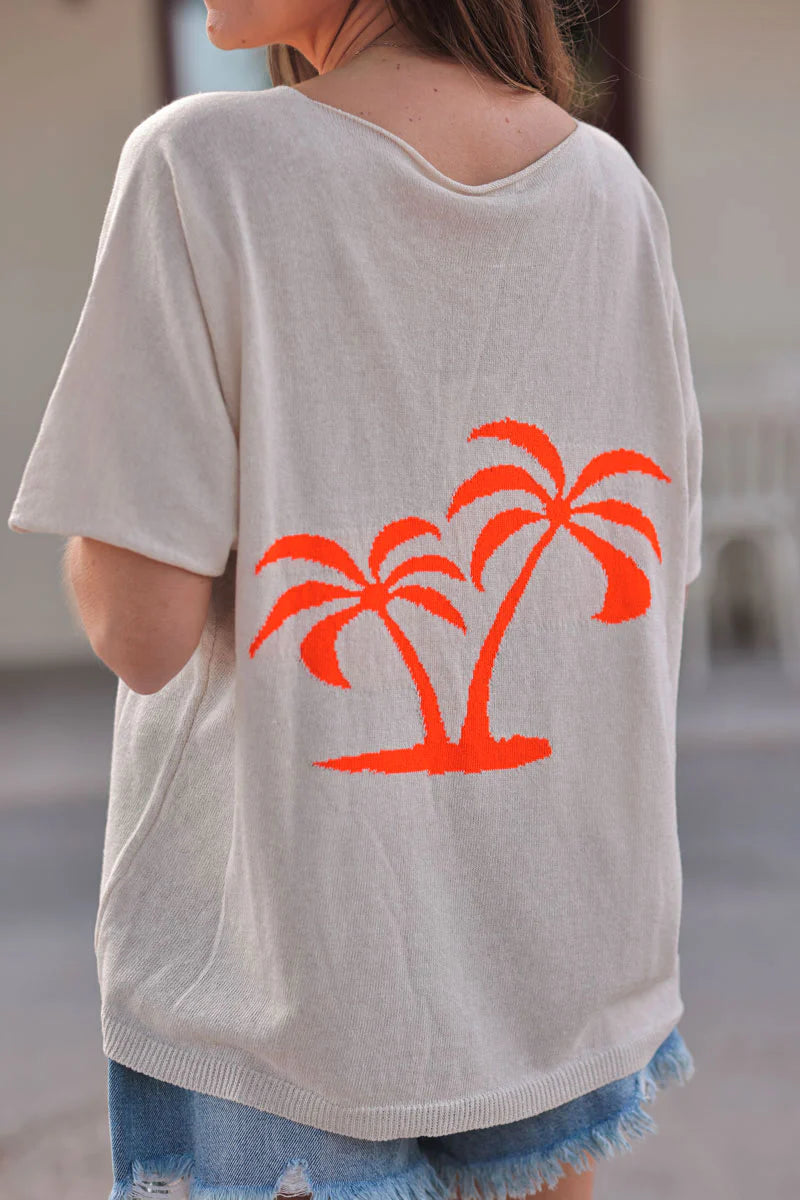 Cream V-Neck Orange Palm Knit Blouse