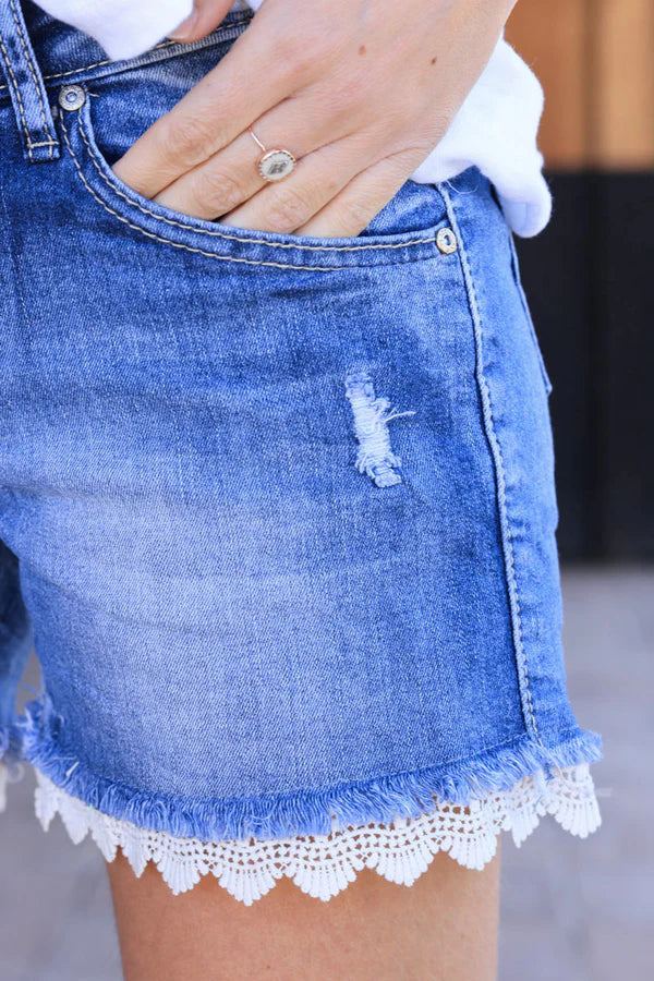 Denim jean light washed shorts with lace hem