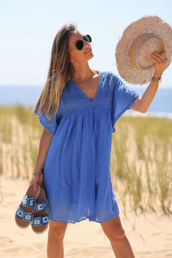 Dusty blue floaty cotton dress with lace detail