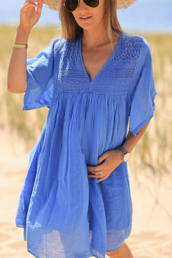 Dusty blue floaty cotton dress with lace detail