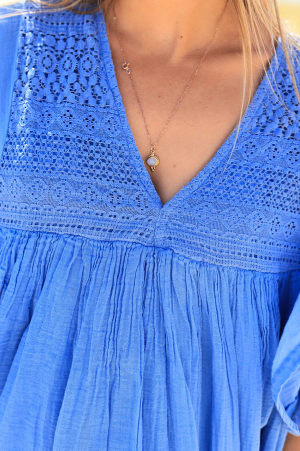 Dusty blue floaty cotton dress with lace detail