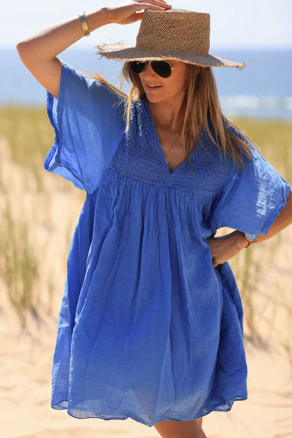 Dusty blue floaty cotton dress with lace detail