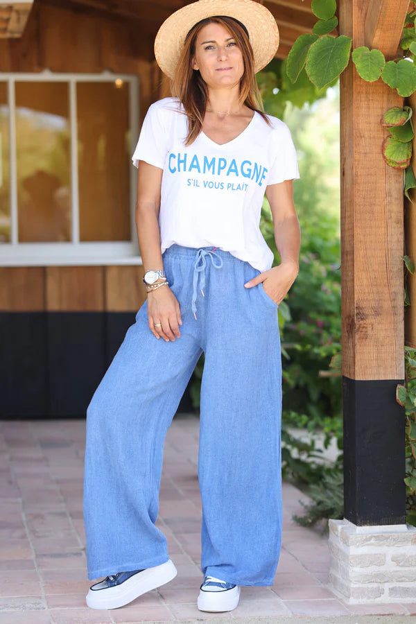 Dusty blue lightweight cotton wide leg trousers