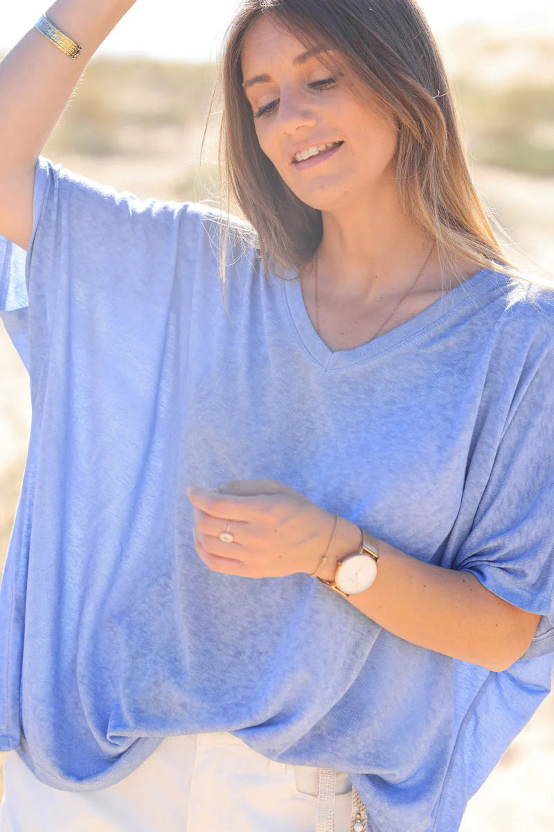 Blue Relaxed Fit Batwing Super Soft T-shirt