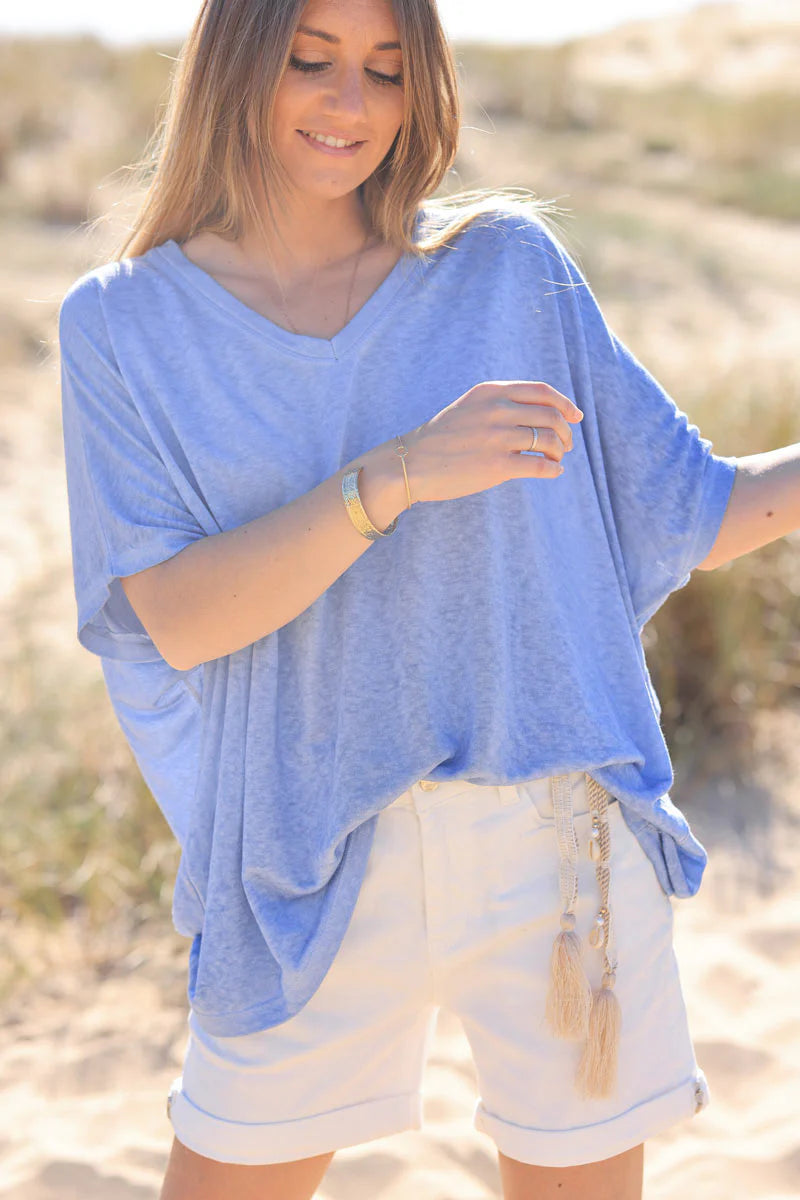Blue Relaxed Fit Batwing Super Soft T-shirt