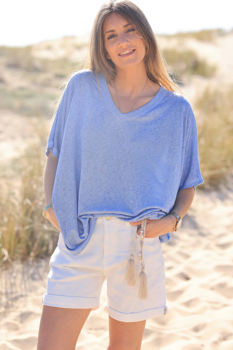 Blue Relaxed Fit Batwing Super Soft T-shirt