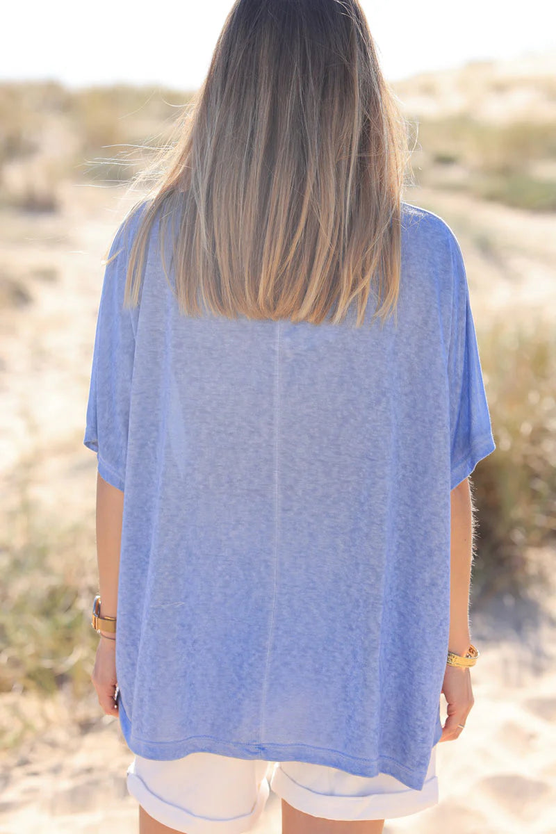Blue Relaxed Fit Batwing Super Soft T-shirt