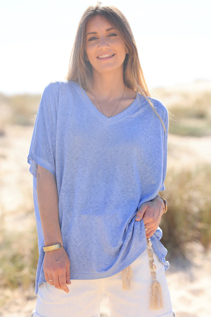 Blue Relaxed Fit Batwing Super Soft T-shirt