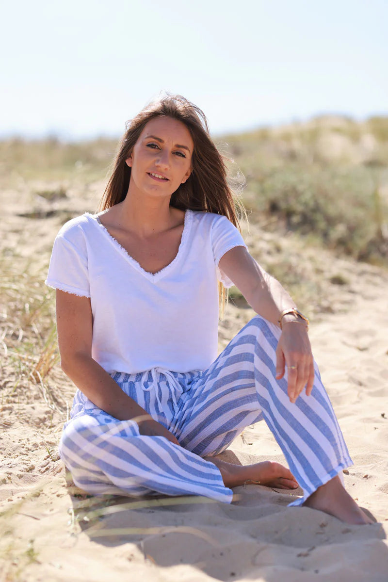 Dusty Blue Striped Gauze Casual Pants