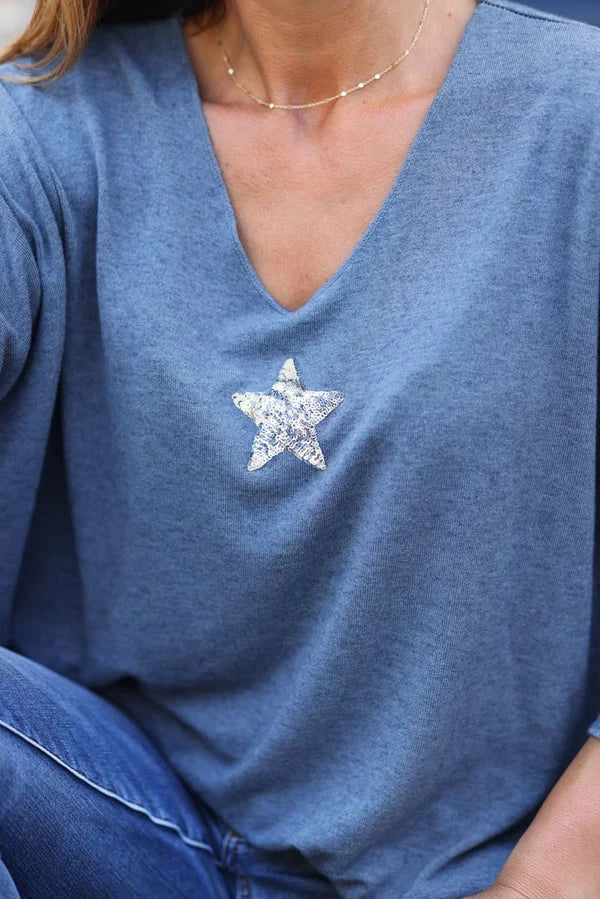 Dusty blue V-neck Sweater with small Sequin Star