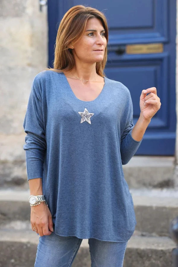 Dusty blue V-neck Sweater with small Sequin Star