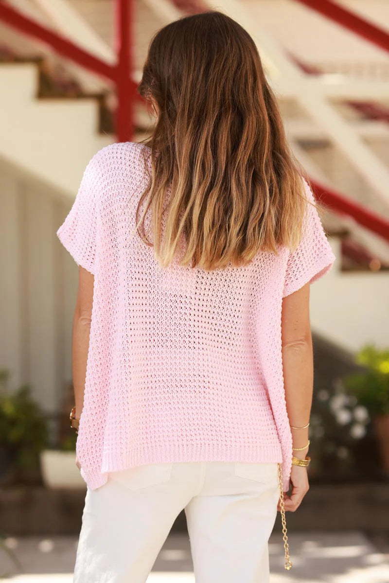 Dusty Pink Crochet Knit Cap-Sleeve Top