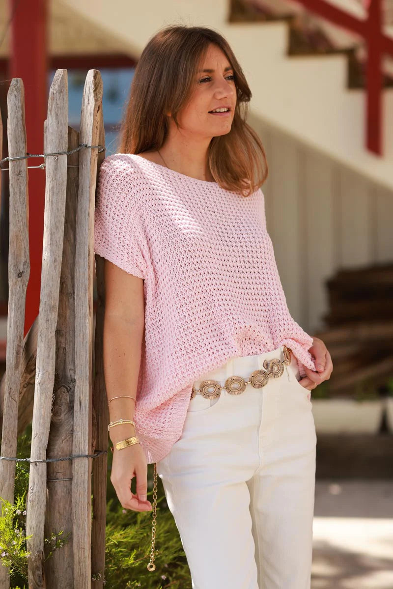 Dusty Pink Crochet Knit Cap-Sleeve Top