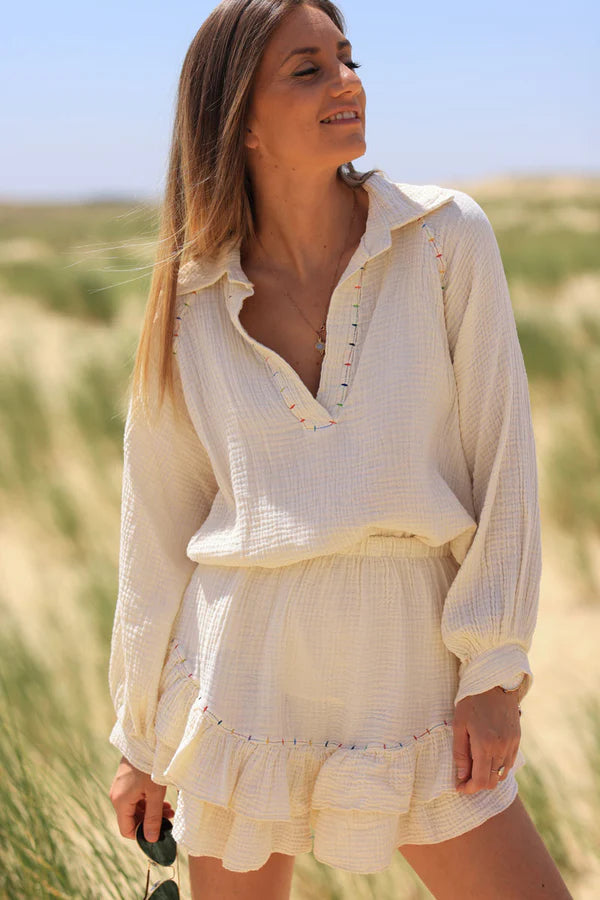 Cream layered frill cotton skort with colored threads