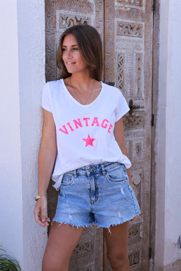 Flash pink Vintage Star Varsity White V-Neck Tee