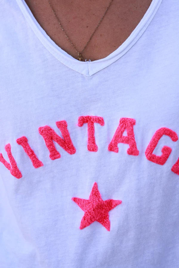 Flash pink Vintage Star Varsity White V-Neck Tee
