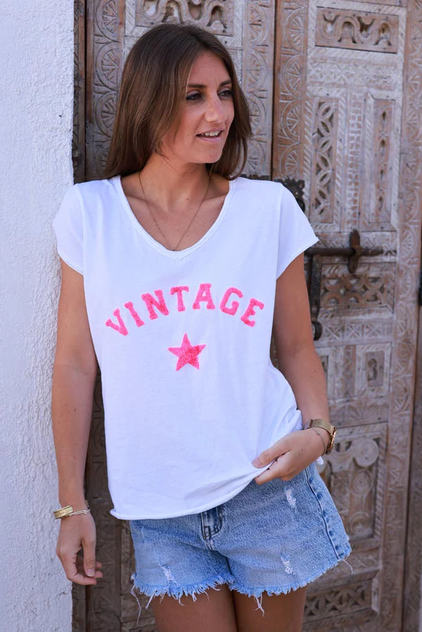 Flash pink Vintage Star Varsity White V-Neck Tee