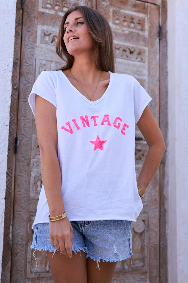 Flash pink Vintage Star Varsity White V-Neck Tee