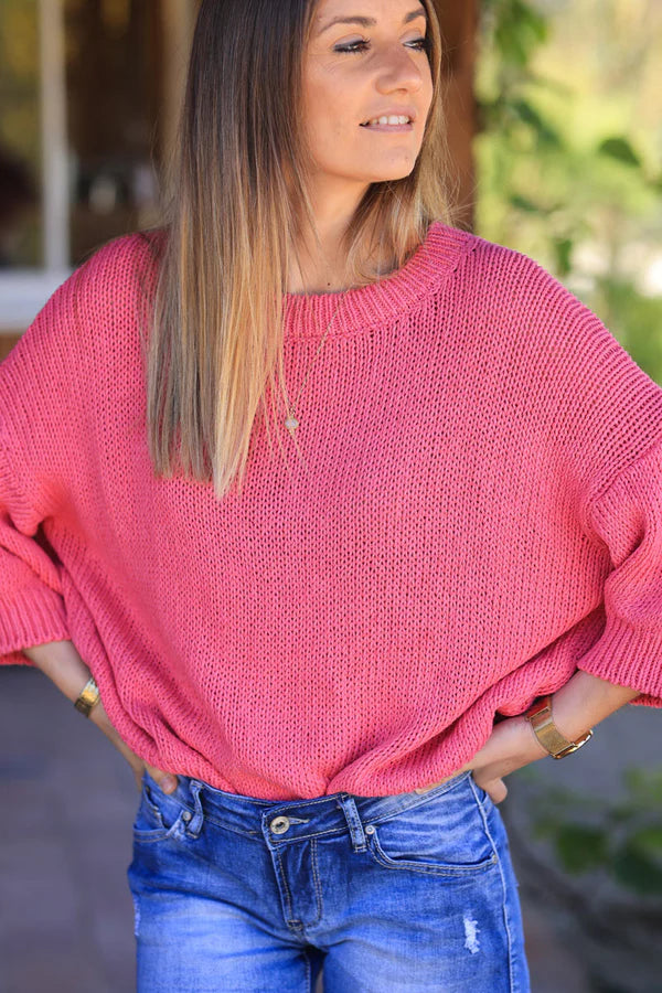 Fuchsia chunky cotton knit short sleeve jumper