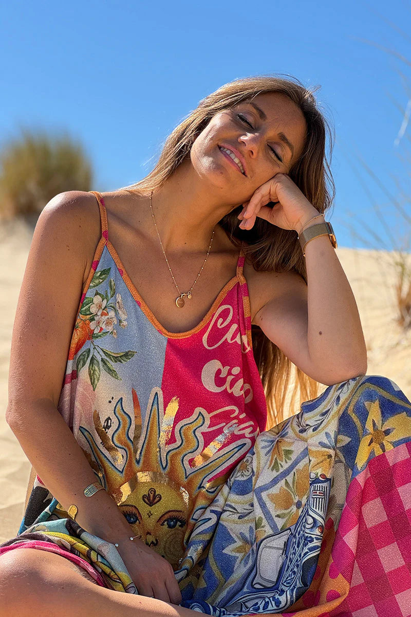 Fuchsia Pink Ciao Bella Glitter Knit Sleeveless Maxi Dress