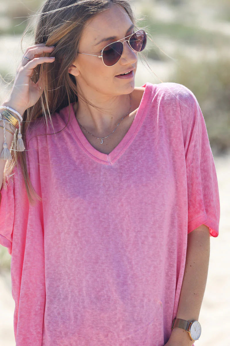 Hot Pink Relaxed Fit Batwing Super Soft T-shirt