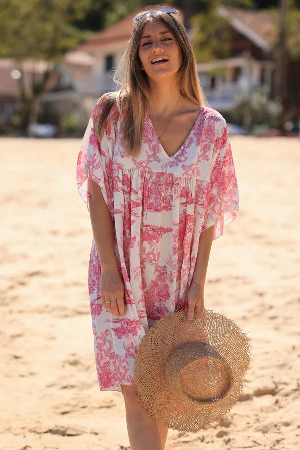 Fuchsia short smock dress in toile de jouy print - Horizons Lointains Fuchsia short smock dress in toile de jouy print - Horizons Lointains