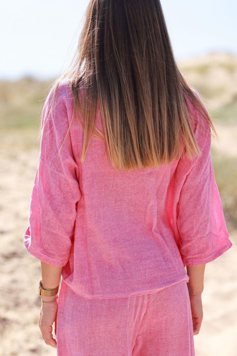 Fuchsia Soft Cotton Blouse with 3/4 sleeves and large Pockets