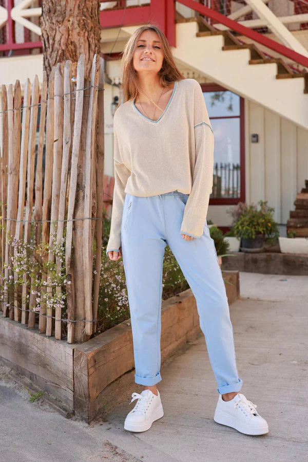 Gold V-Neck Knit Top with Baby Blue Inverted Seams