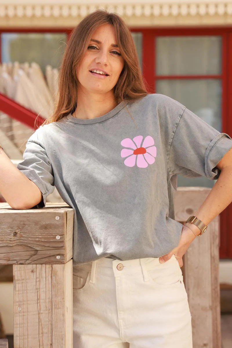 Gray Hibiscus Surf Style Tee