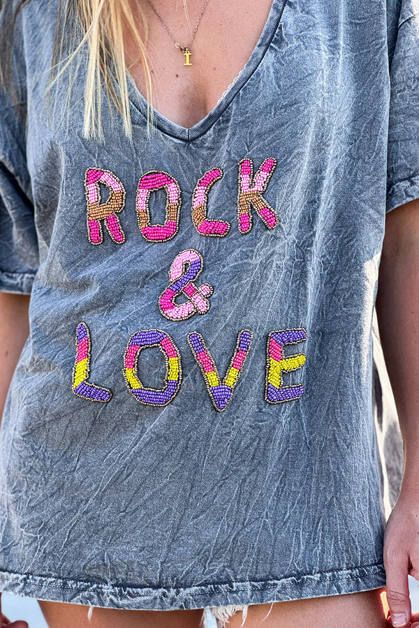 Gray Rock & Love Beaded Cotton V-Neck Tee