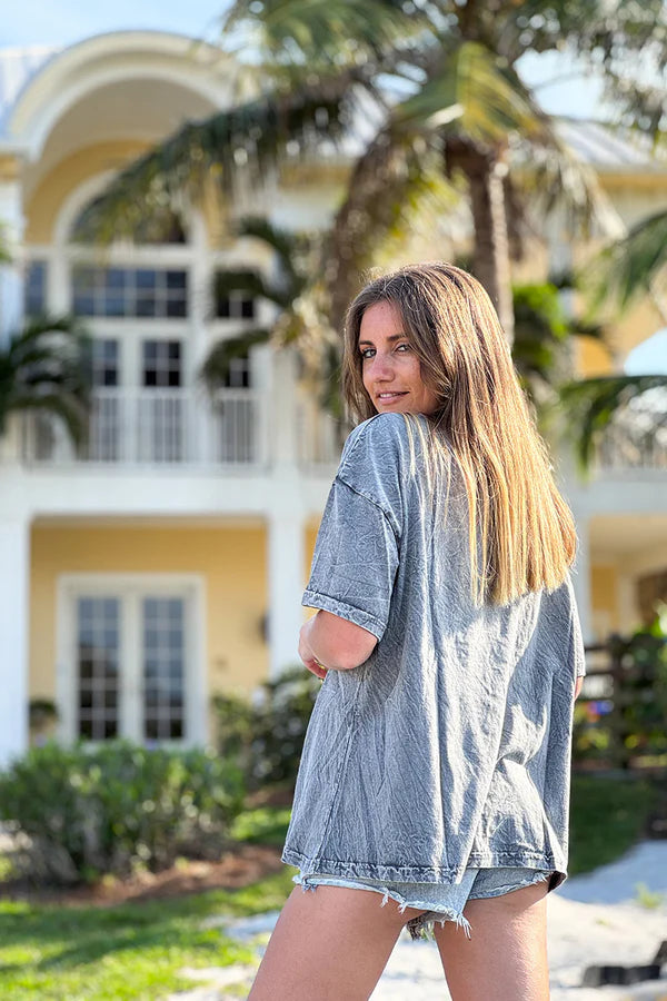 Gray Rock & Love Beaded Cotton V-Neck Tee