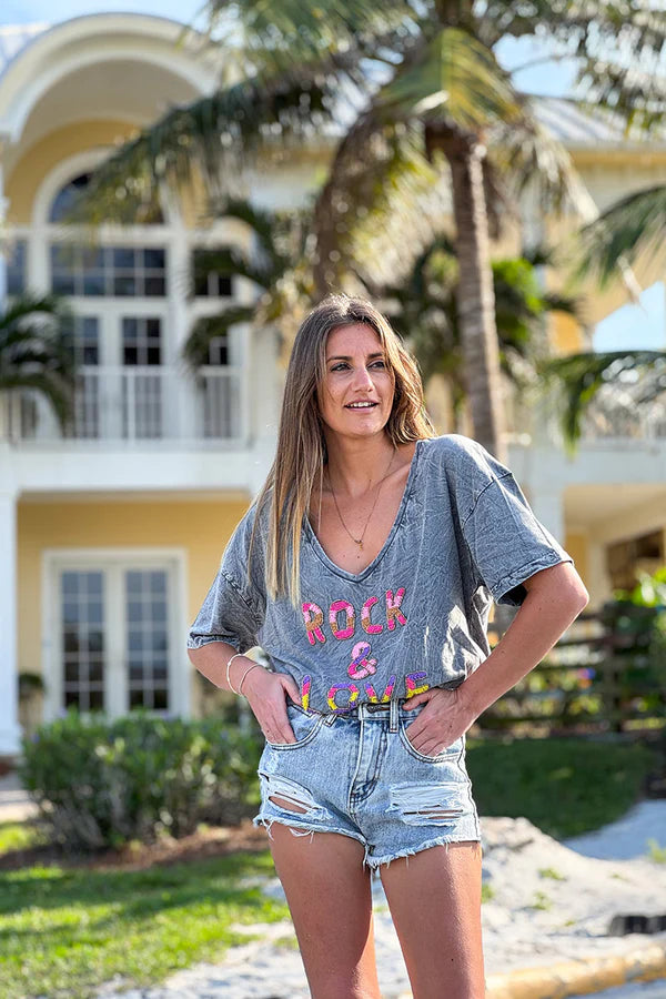 Gray Rock & Love Beaded Cotton V-Neck Tee