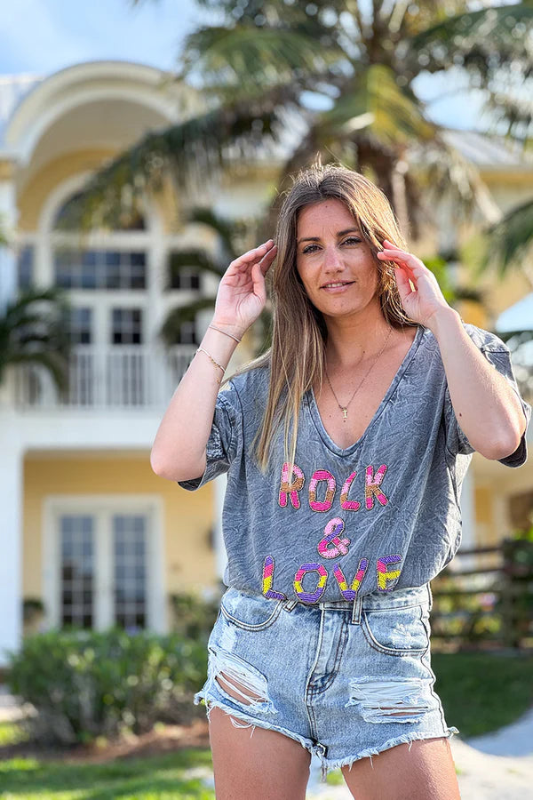 Gray Rock & Love Beaded Cotton V-Neck Tee