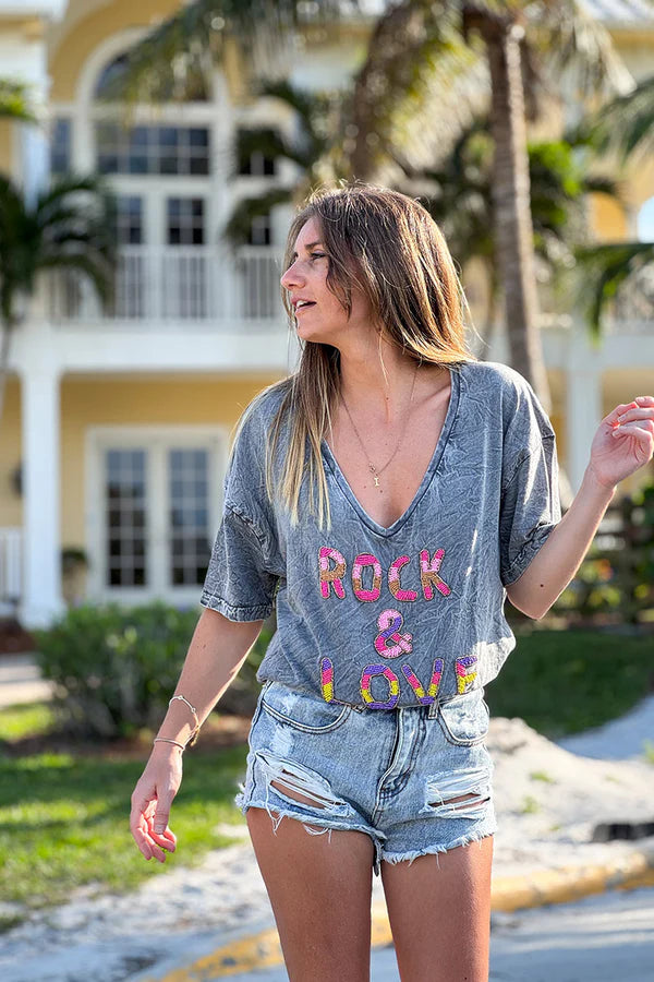 Gray Rock & Love Beaded Cotton V-Neck Tee
