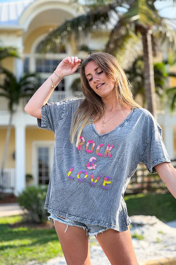 Gray Rock & Love Beaded Cotton V-Neck Tee