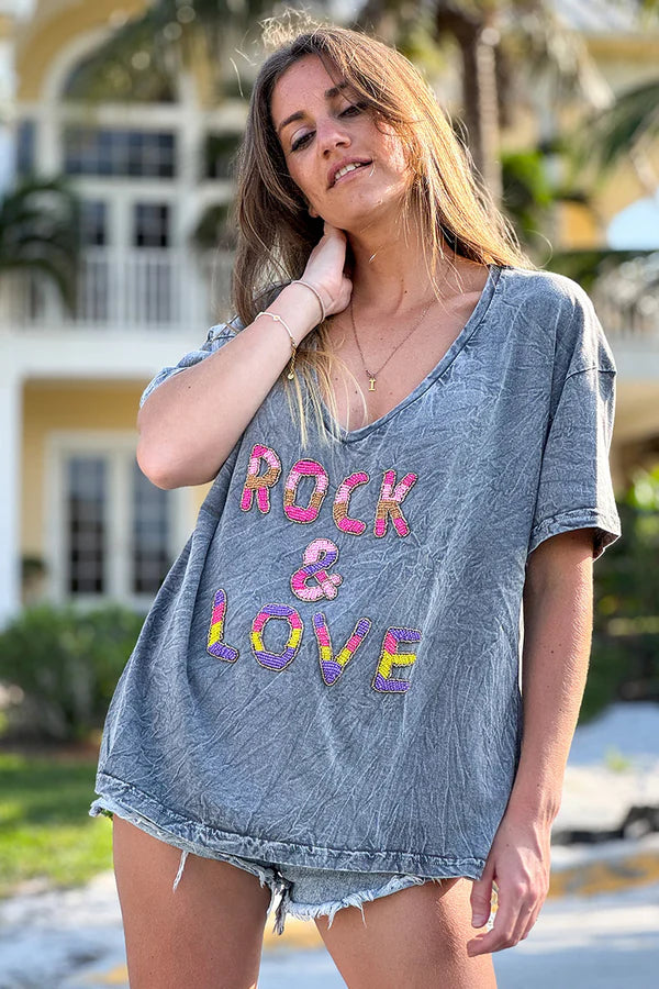 Gray Rock & Love Beaded Cotton V-Neck Tee