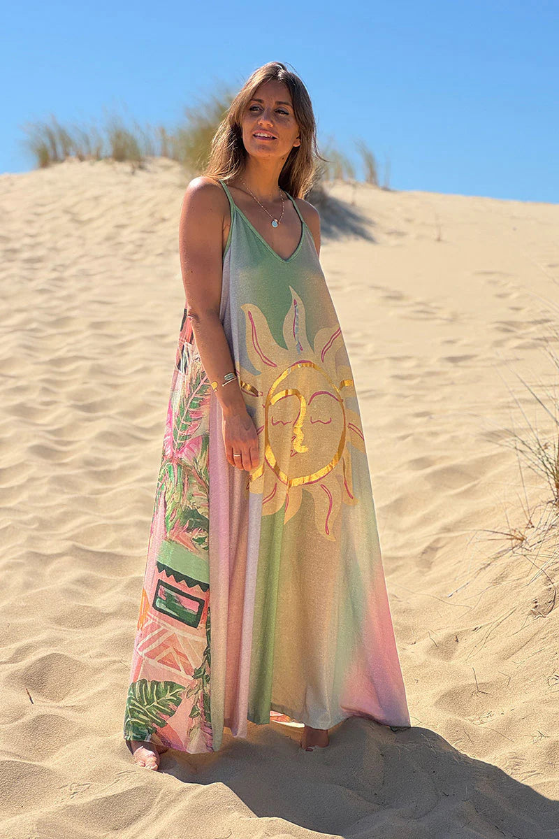 Green Jungle Sun Glitter Knit Sleeveless Maxi Dress
